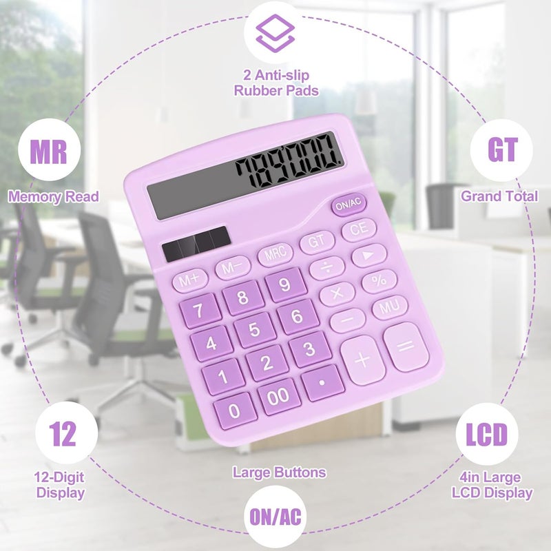 HUTUDD Desktop Calculator, Purple Calculator Big Buttons, 12-Digits Large LCD Display, Solar and AA Battery Dual Power, Desk Calculators for Office Home School Business Class (Purple) - Image 4